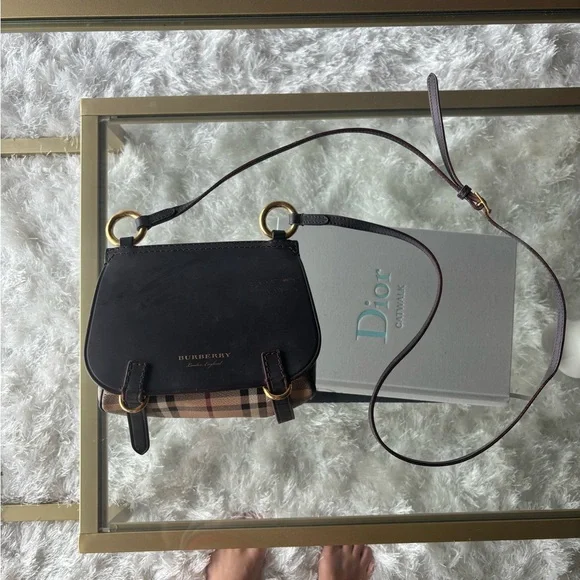 Burberry Bridle Handbag Leather and Haymarket Check crossbody brown - Picture 1 of 8